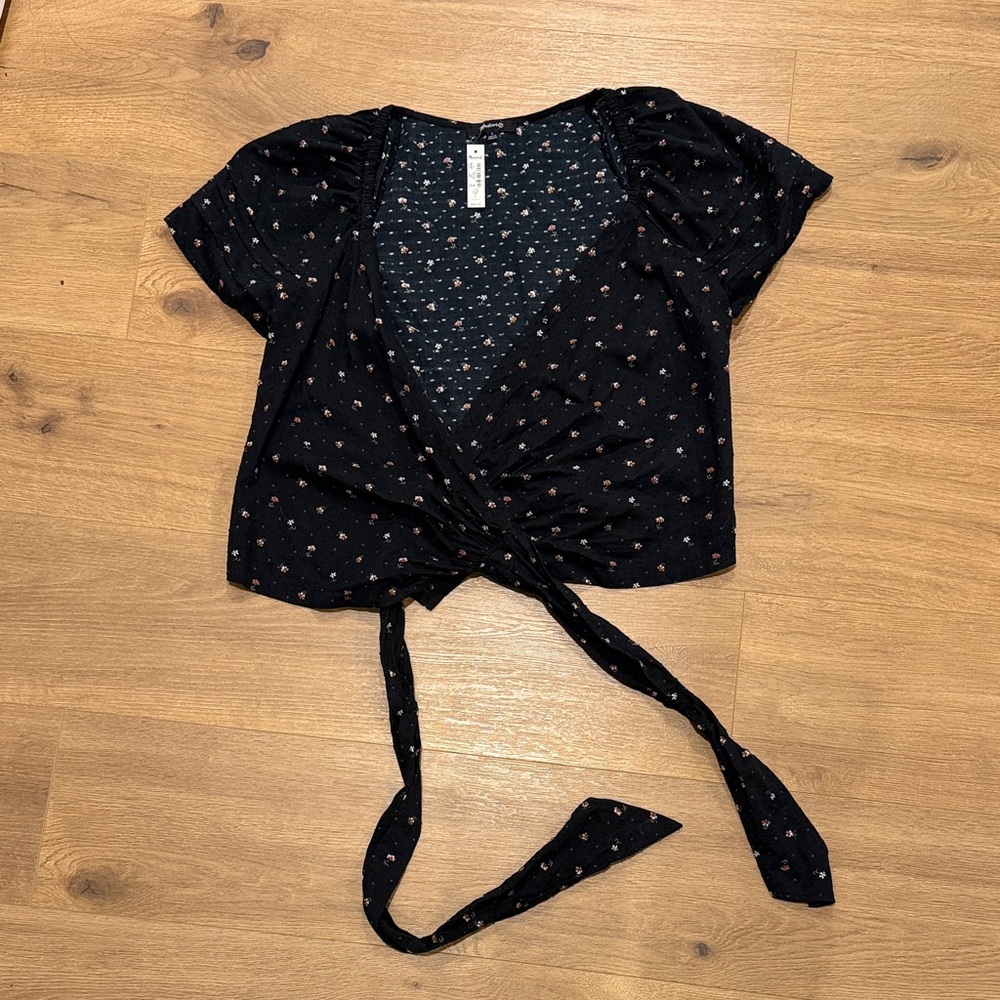 Madewell Black Floral Wrap Top